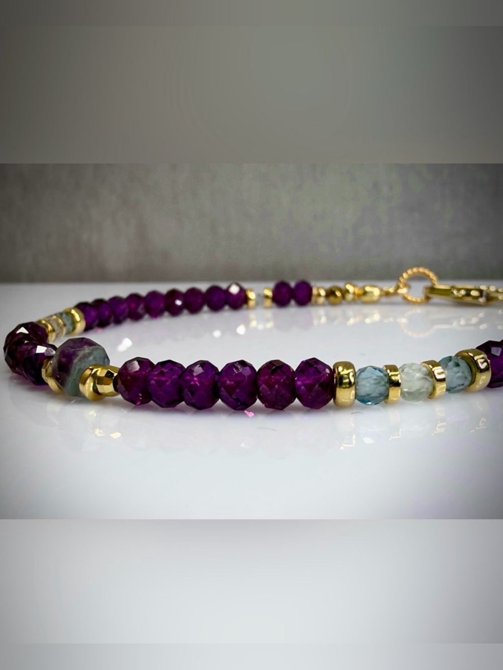 💜ONE OF A KIND💜
Deep Purple Garnet & Fluorite Focal Bracelet in 18k Gold FiIl - Picture 2 of 5